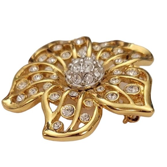 Swarovski Swan Loo Gold Tone Clear Crystal Pave Ball Open Flower Brooch Pin E776 - Picture 2 of 7